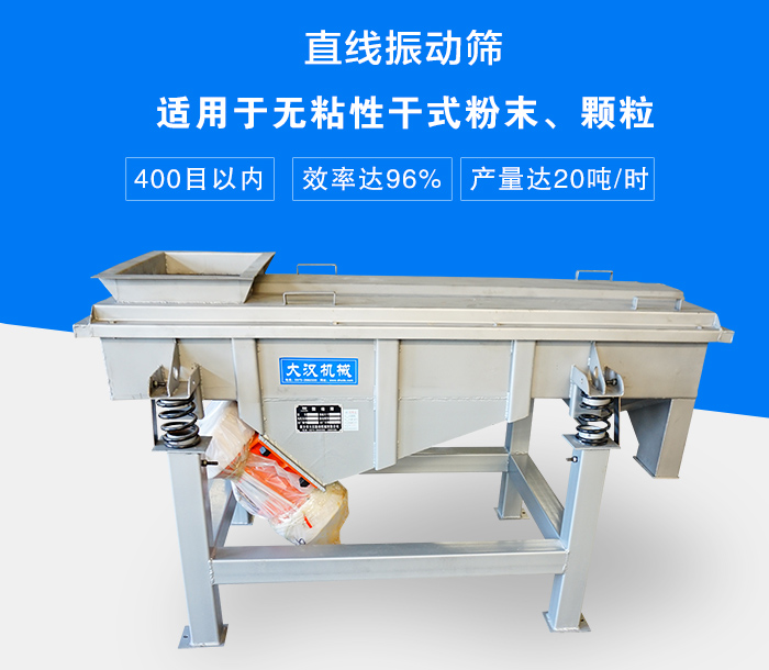 直線振動(dòng)篩適用于無粘性干式粉末、顆粒，產(chǎn)量達(dá)20噸/時(shí)