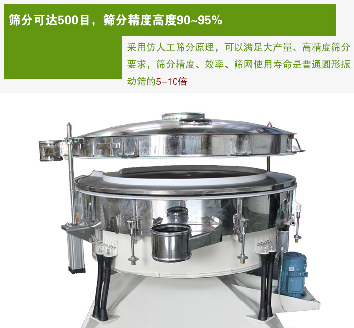 搖擺篩分機(jī)采用仿人工篩分原理，可以滿足大產(chǎn)量、高精度篩分 要求，篩分精度、效率、篩網(wǎng)使用壽命是普通圓形振 動篩的5-10倍