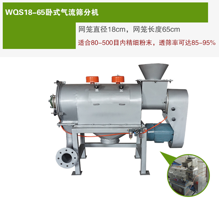 WQS18-65臥式氣流篩分機(jī)網(wǎng)籠直徑為18cm，網(wǎng)籠長度為65cm